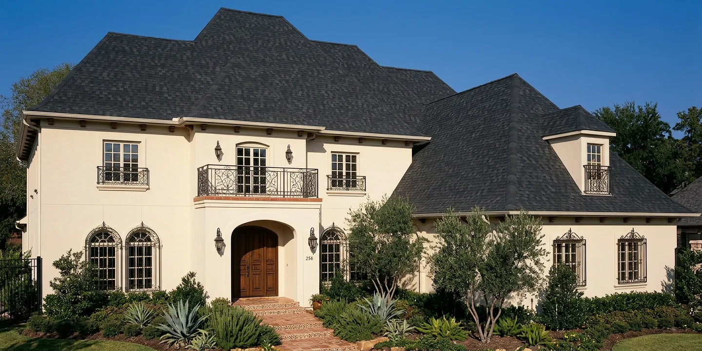 Mediterranean home with Black roof -- TAMKO Heritage Rustic Black (left-34)