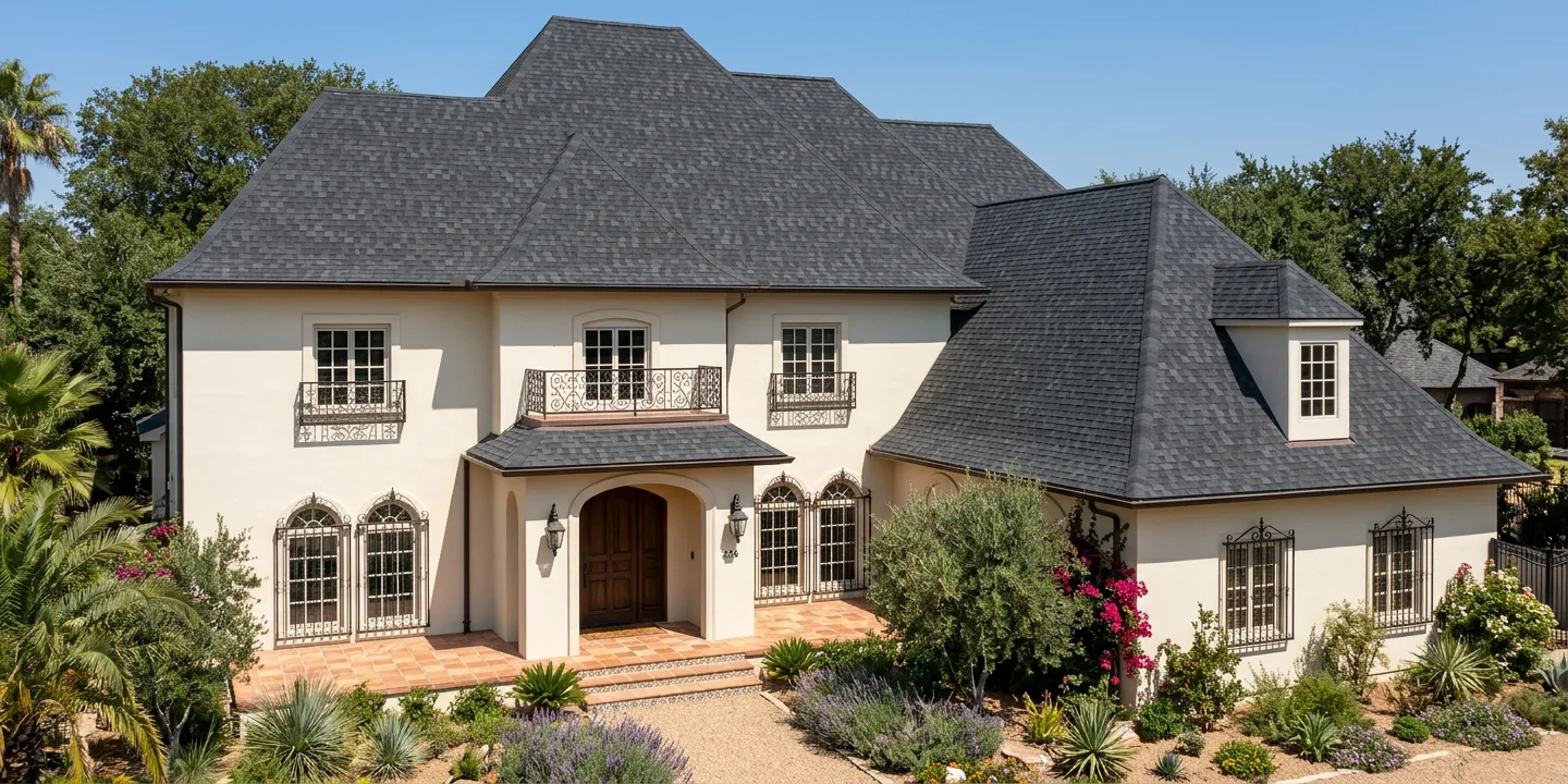 Mediterranean home with Black roof -- TAMKO Heritage Rustic Black (right-34)