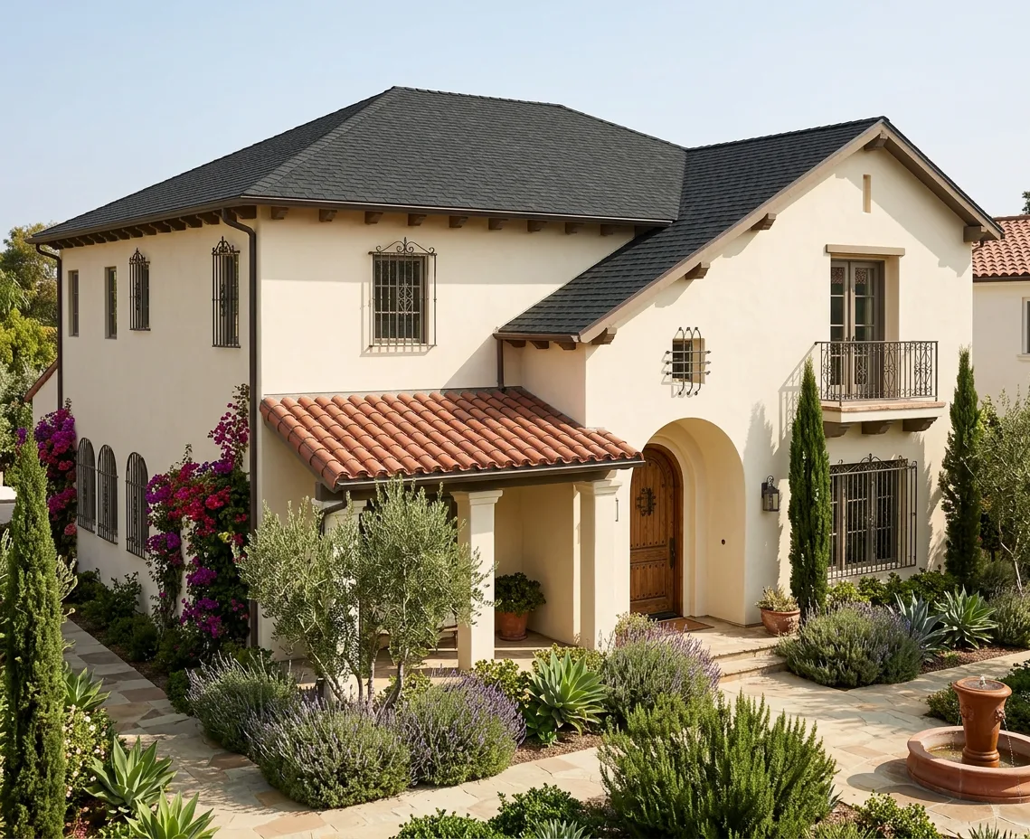 Mediterranean home with Charcoal roof -- Atlas Pinnacle Pristine BLACK SHADOW (left-34)