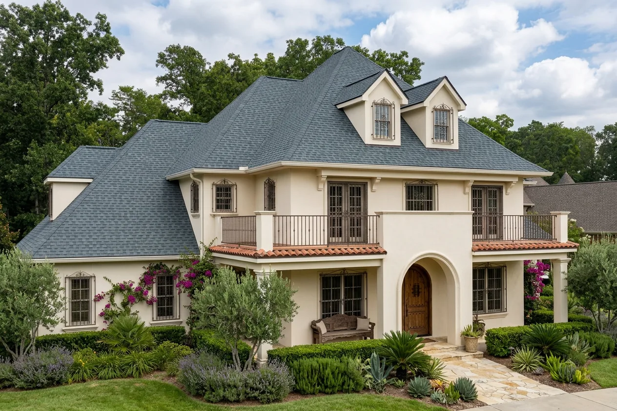 Mediterranean home with Charcoal roof -- CertainTeed Landmark Colonial Slate (left-34)