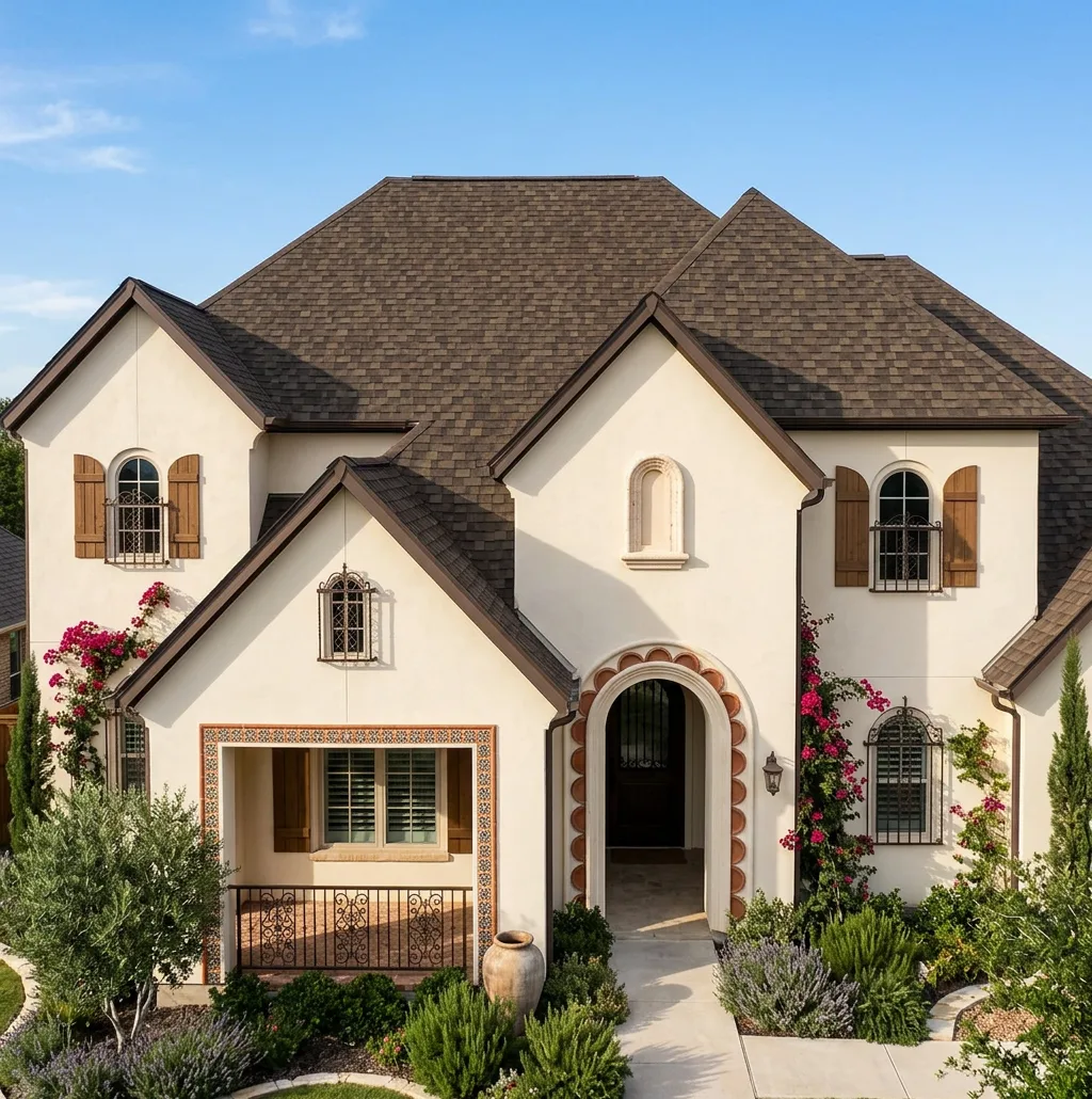 Mediterranean home with Charcoal roof -- IKO Dynasty Cornerstone WWD (front)