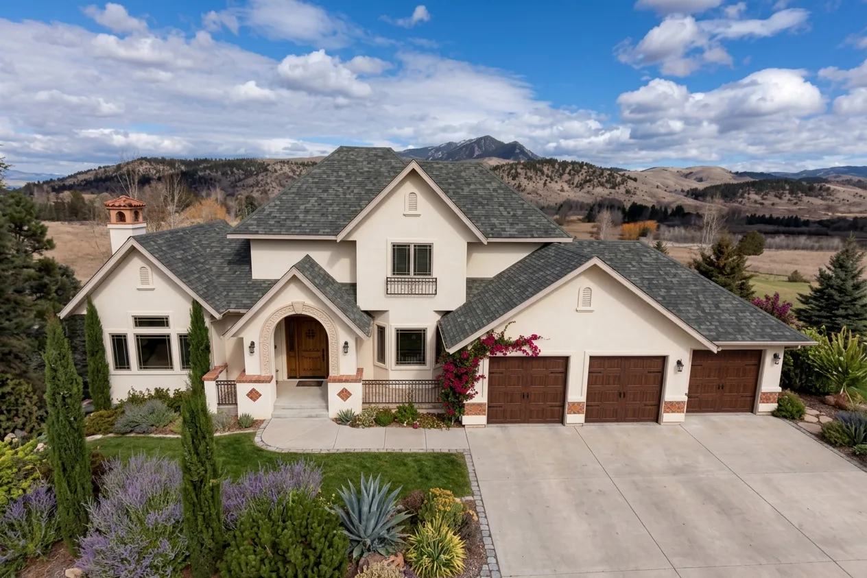 Mediterranean home with Charcoal roof -- Malarkey Legacy Storm Grey (front)