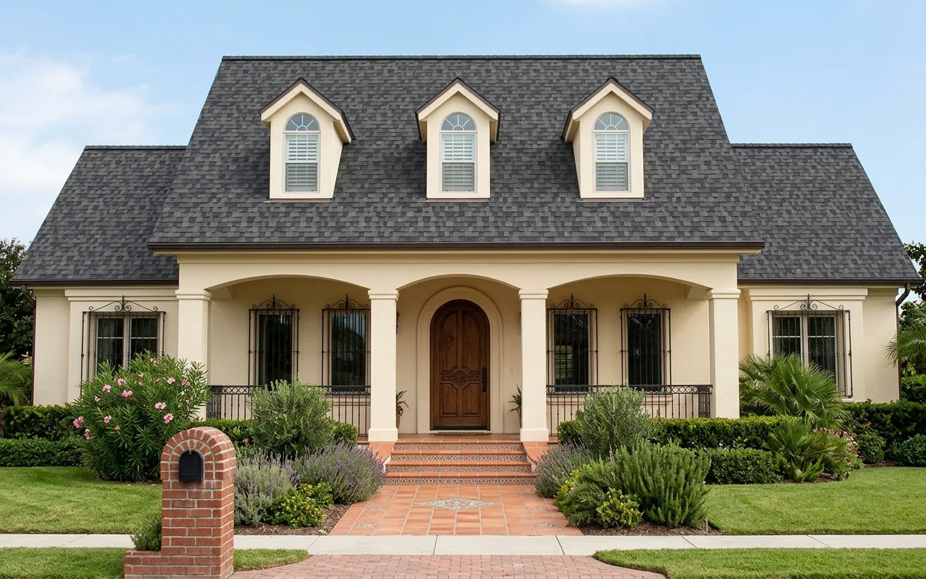 Mediterranean home with Charcoal roof -- Owens Corning Duration Midnight Plum (front)