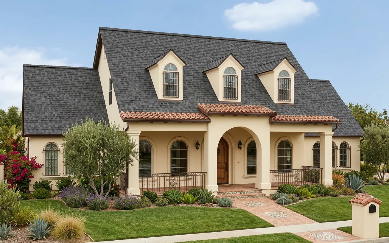 Mediterranean home with Charcoal roof -- Owens Corning Duration Midnight Plum (left-34)