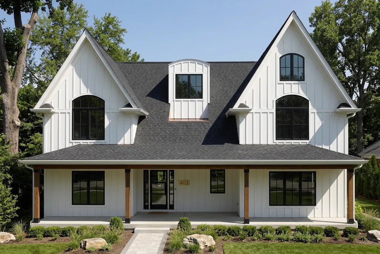 Modern Farmhouse home with Black roof -- CertainTeed Landmark Charcoal Black (front)