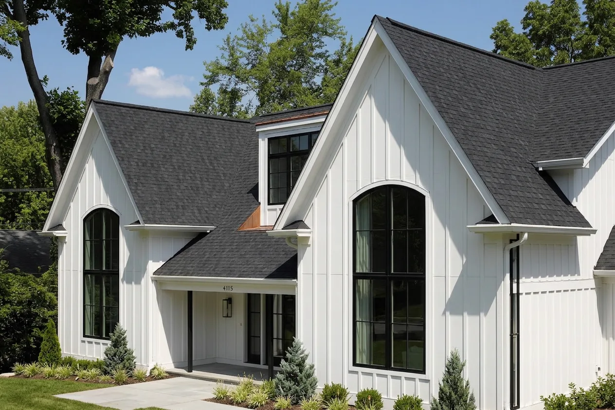 Modern Farmhouse home with Black roof -- CertainTeed Landmark Charcoal Black (right-34)