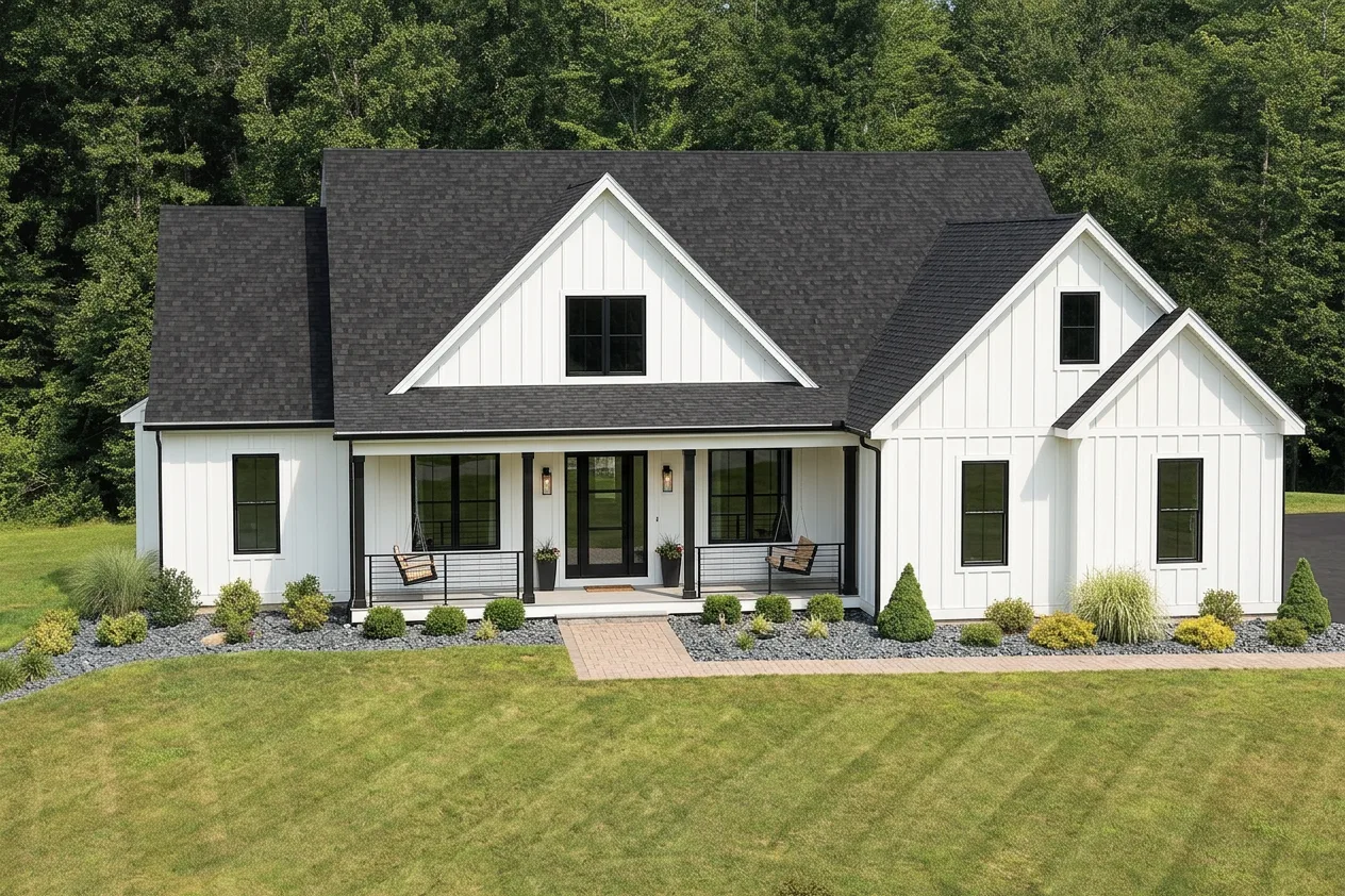 Modern Farmhouse home with Black roof -- IKO Cambridge Dual Black (front)