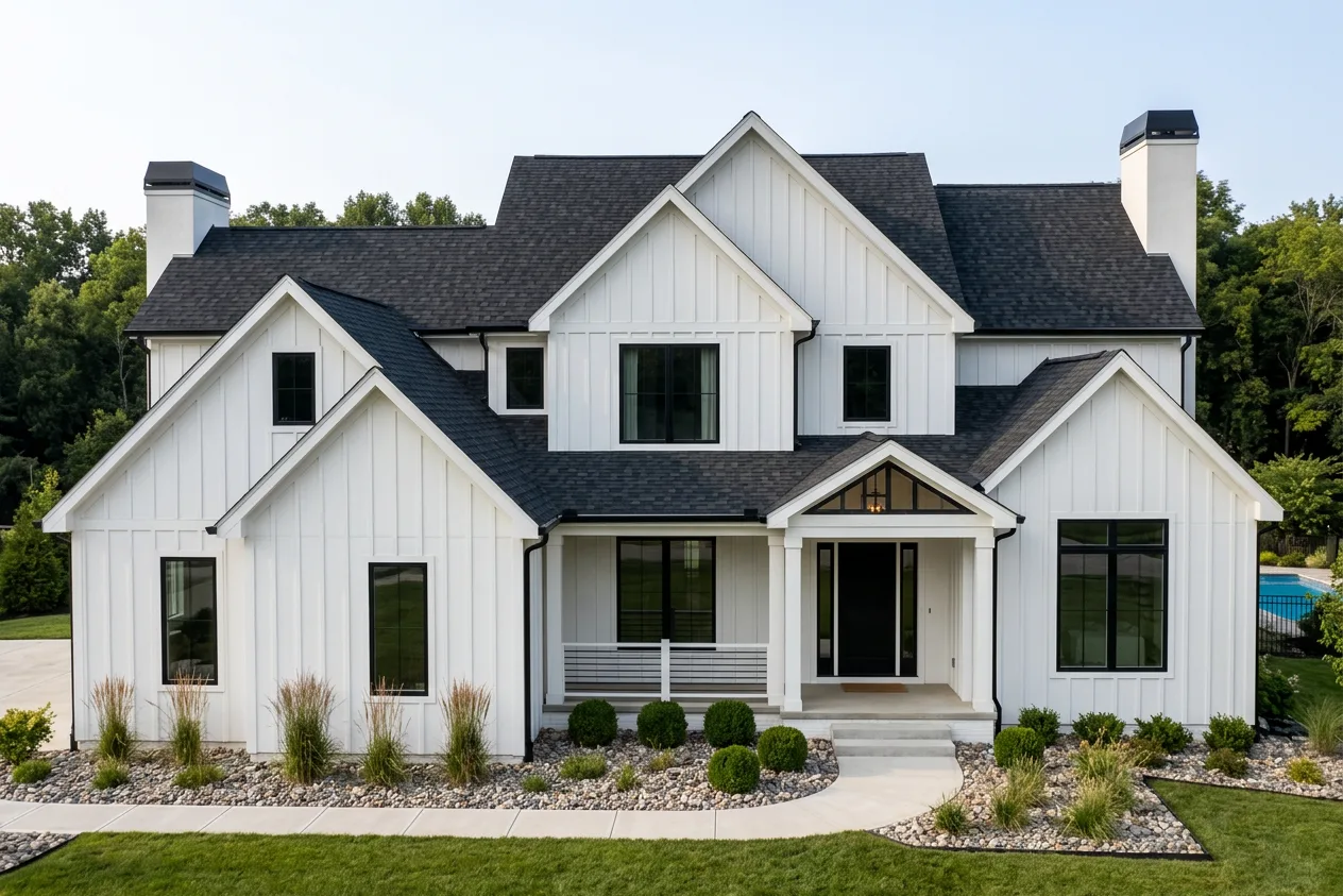 Modern Farmhouse home with Black roof -- IKO Dynasty Granite Black (front)