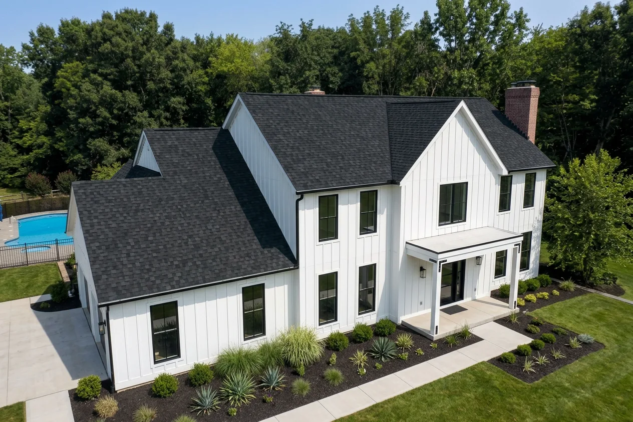 Modern Farmhouse home with Black roof -- IKO Dynasty Granite Black (left-34)