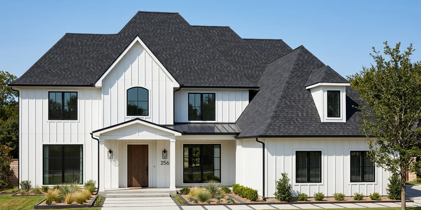 Modern Farmhouse home with Black roof -- TAMKO Heritage Rustic Black (front)