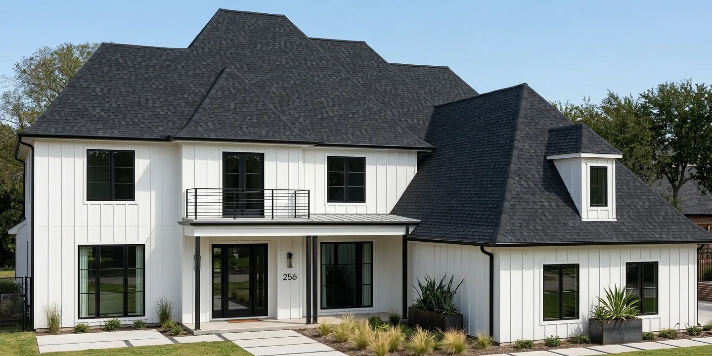 Modern Farmhouse home with Black roof -- TAMKO Heritage Rustic Black (left-34)