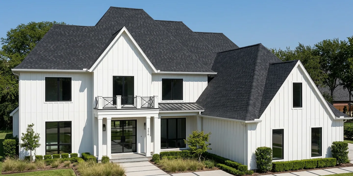 Modern Farmhouse home with Black roof -- TAMKO Heritage Rustic Black (right-34)