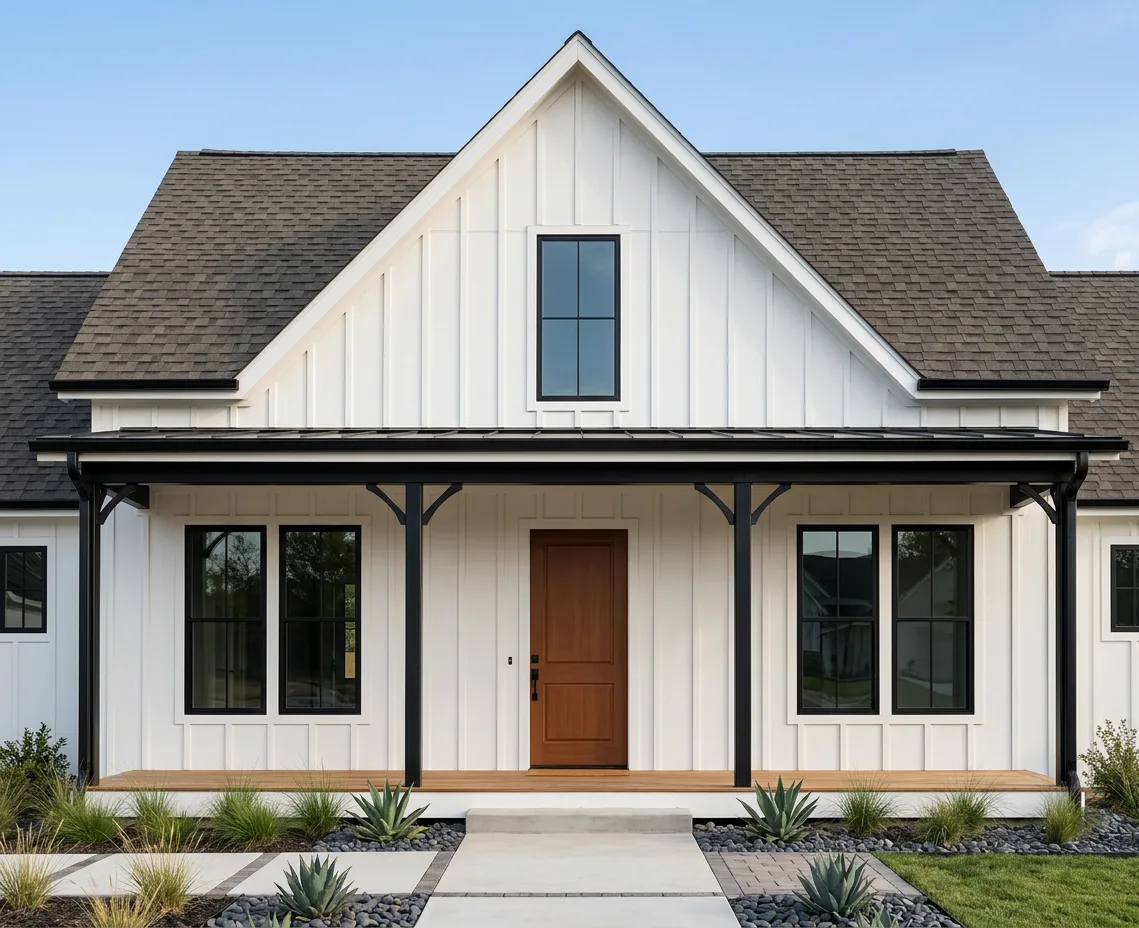 Modern Farmhouse home with Brown roof -- Atlas Pinnacle Pristine HEATHERBLEND (front)