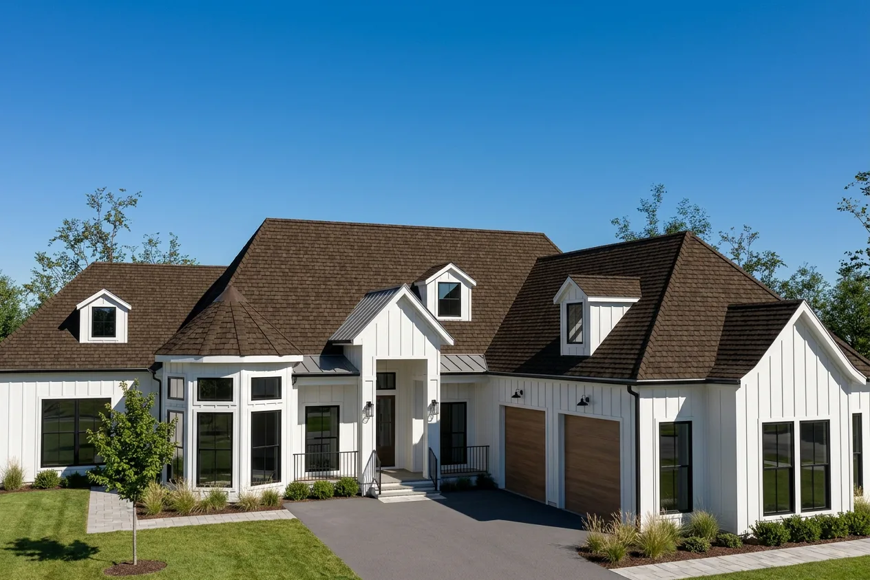 Modern Farmhouse home with Brown roof -- CertainTeed Grand Manor Chestnut (right-34)