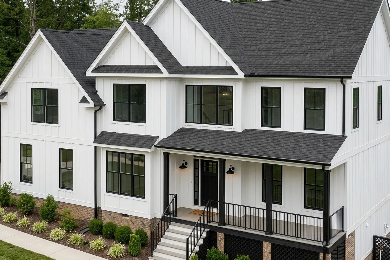 Modern Farmhouse home with Brown roof -- CertainTeed Landmark Pro Max Def Espresso (front)