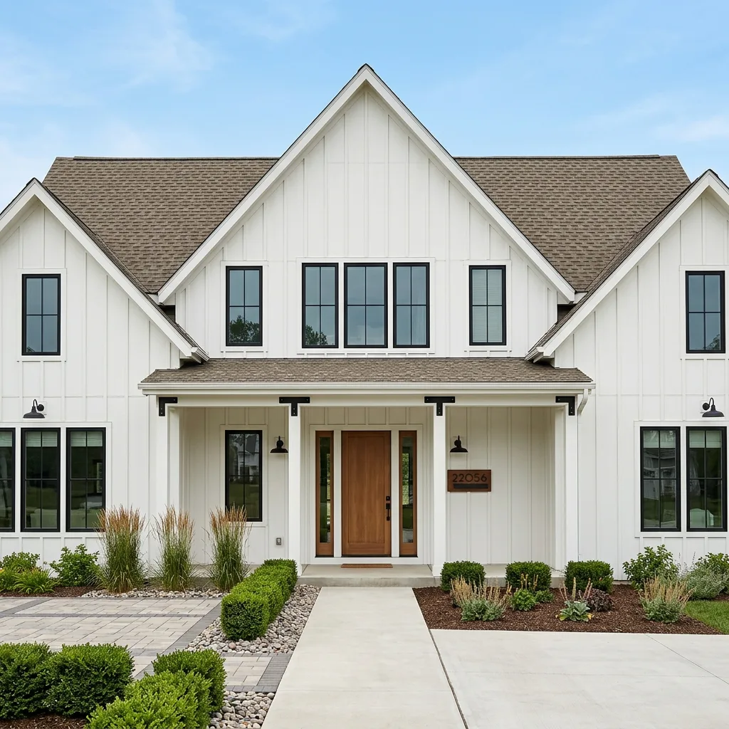 Modern Farmhouse home with Brown roof -- IKO Cambridge Beachwood (front)