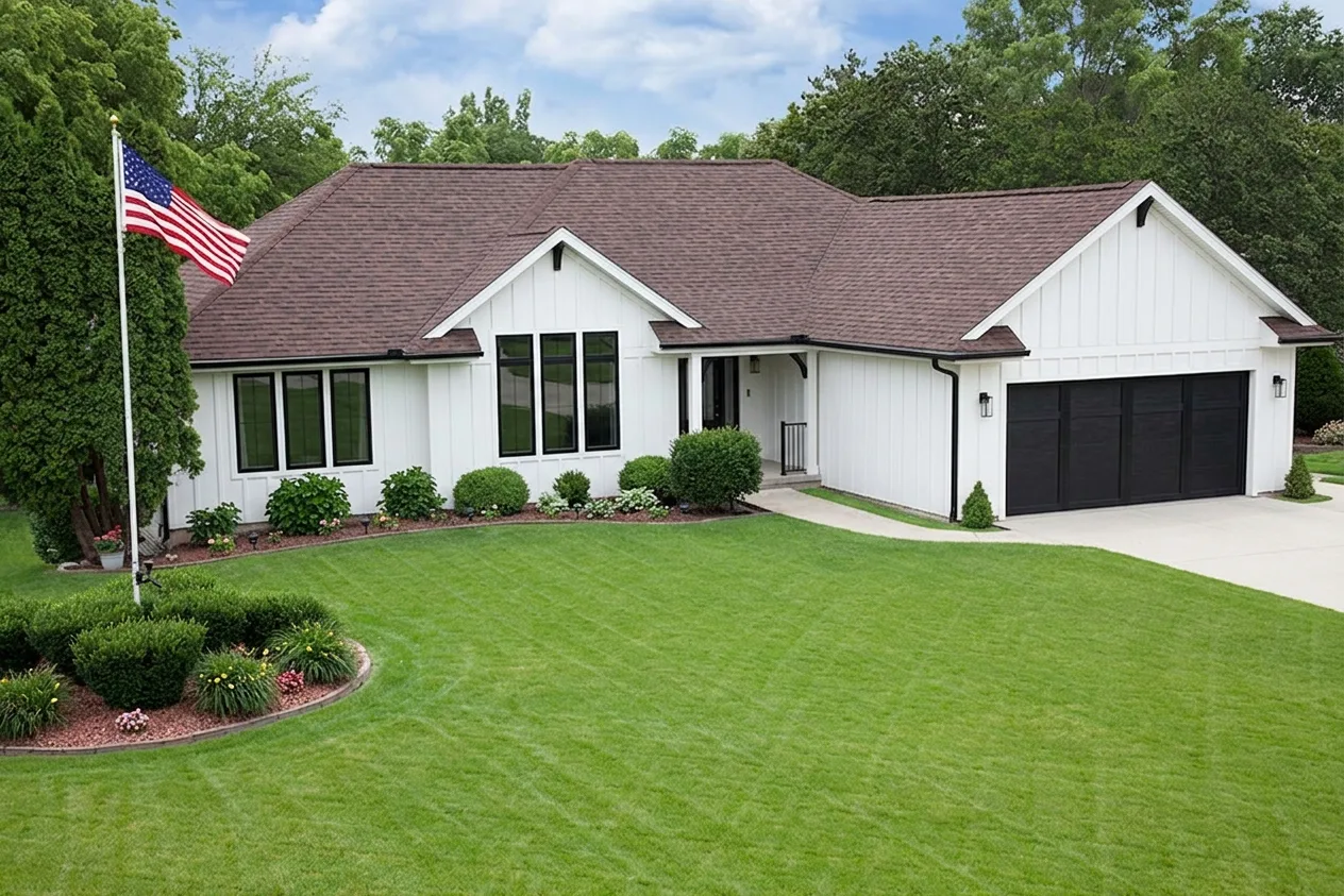 Modern Farmhouse home with Brown roof -- Malarkey Vista Antique Brown (front)