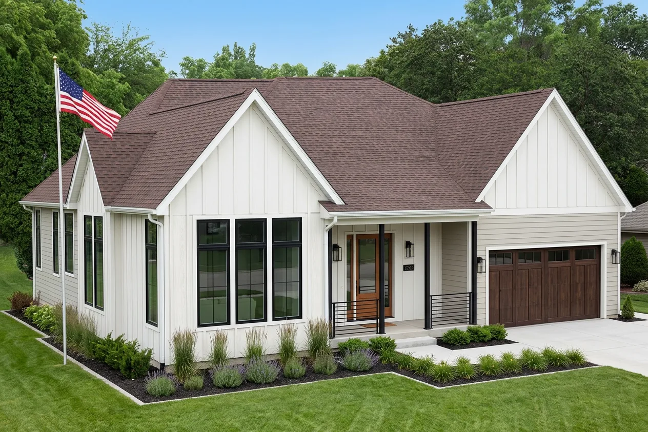 Modern Farmhouse home with Brown roof -- Malarkey Vista Antique Brown (left-34)