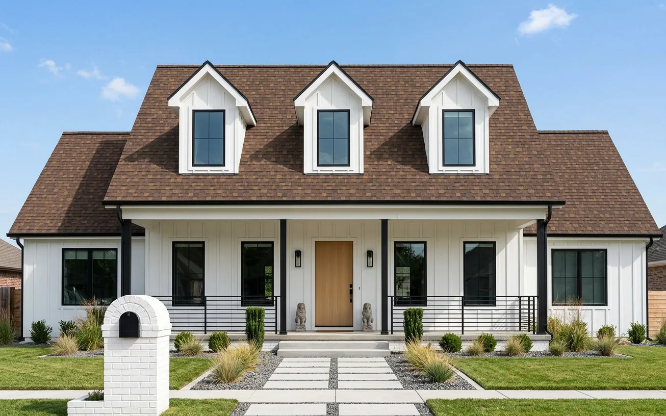 Modern Farmhouse home with Brown roof -- Owens Corning Duration Desert Rose (front)