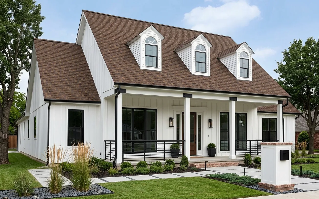 Modern Farmhouse home with Brown roof -- Owens Corning Duration Desert Rose (left-34)