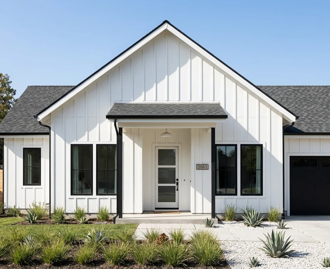 Modern Farmhouse home with Charcoal roof -- Atlas Pinnacle Pristine COASTAL GRANITE (front)
