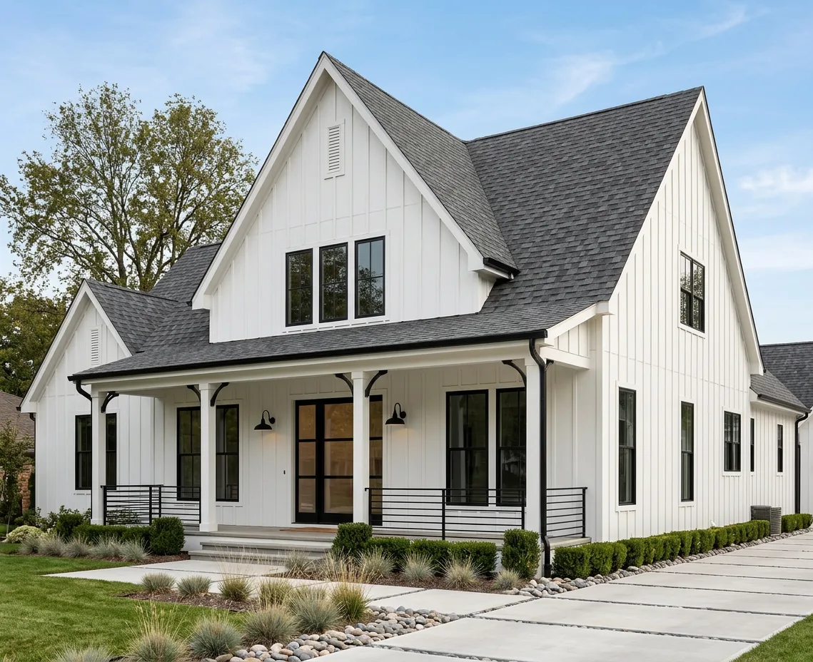 Modern Farmhouse home with Charcoal roof -- Atlas Pinnacle Pristine COASTAL GRANITE (right-34)