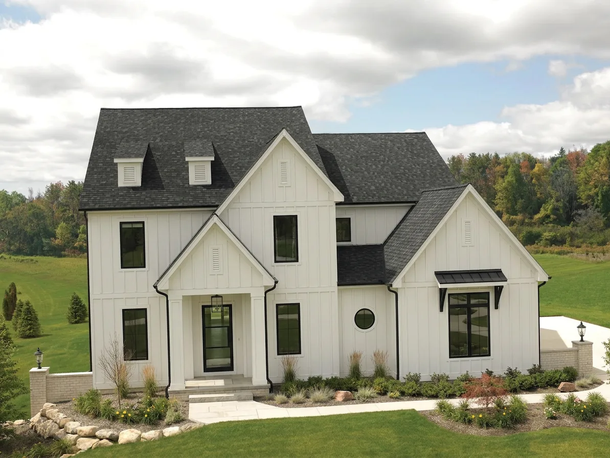 Modern Farmhouse home with Charcoal roof -- IKO Cambridge Harvard Slate (front)