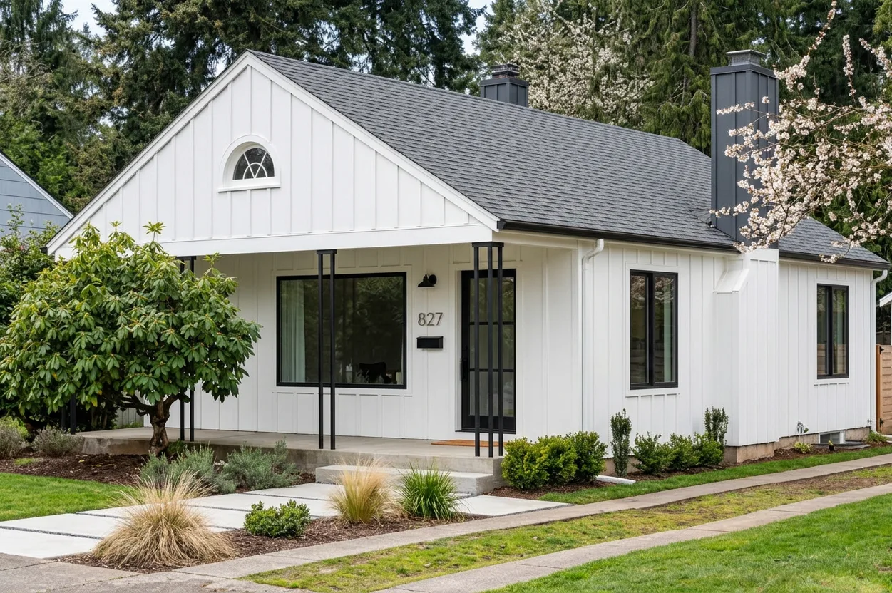 Modern Farmhouse home with Charcoal roof -- Malarkey Legacy Midnight Black (left-34)