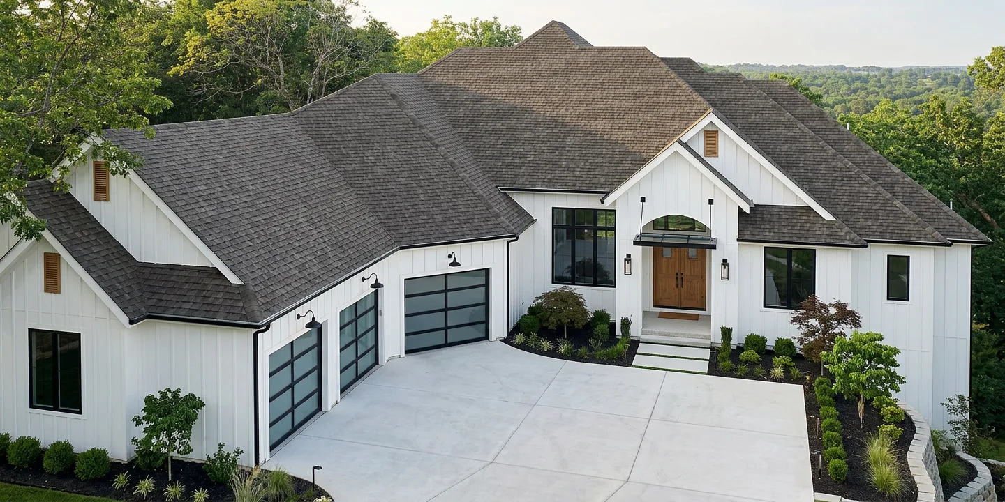 Modern Farmhouse home with Charcoal roof -- TAMKO Heritage Shadow Grey (front)