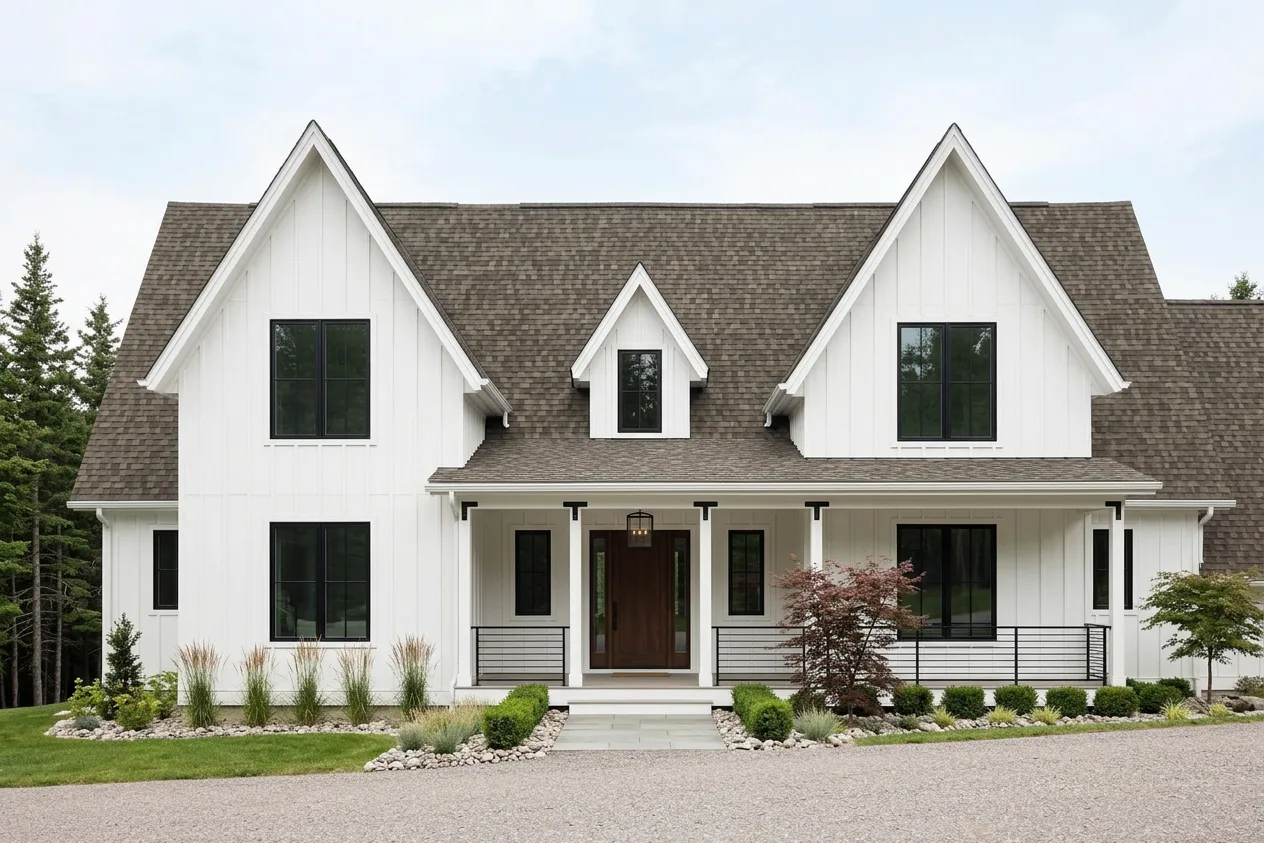 Modern Farmhouse home with Weathered Wood roof -- IKO Dynasty Driftshake (front)