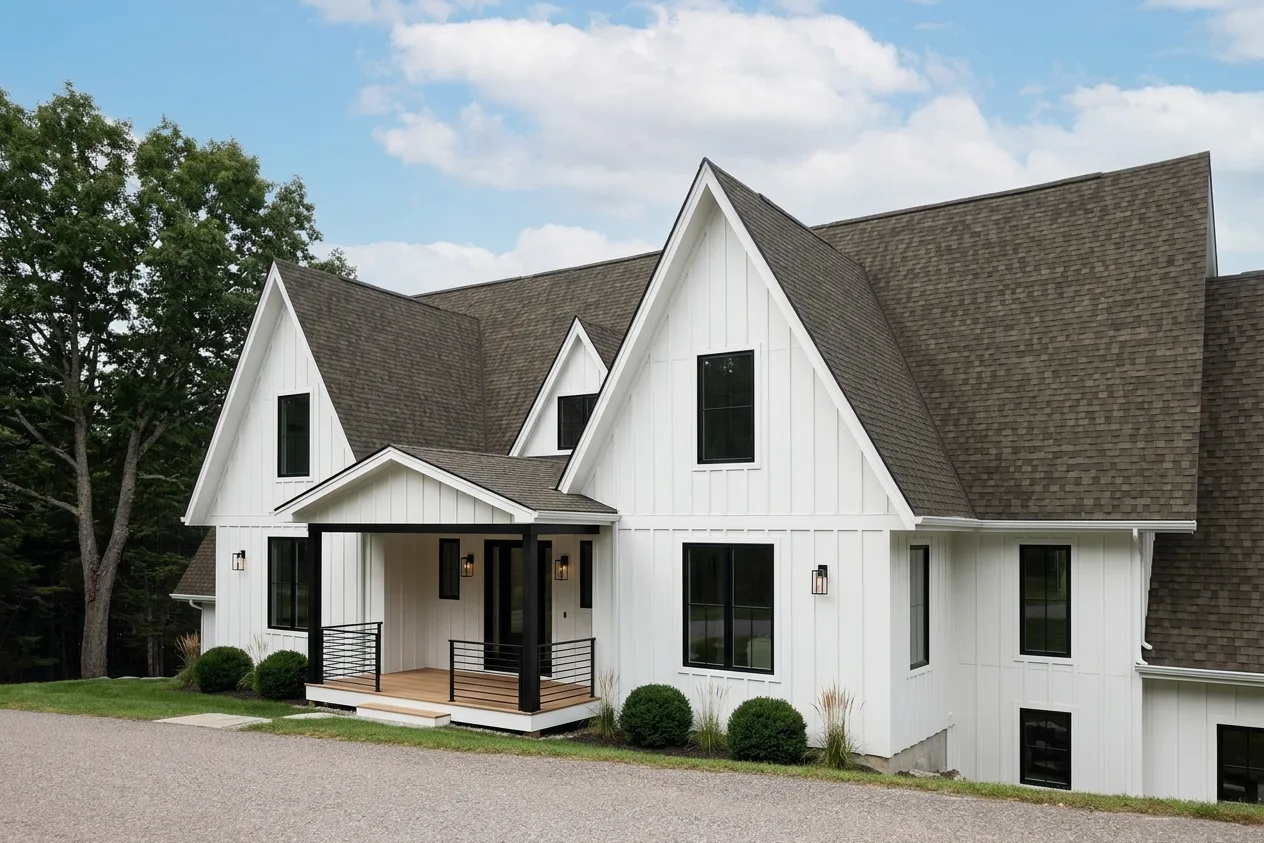 Modern Farmhouse home with Weathered Wood roof -- IKO Dynasty Driftshake (right-34)