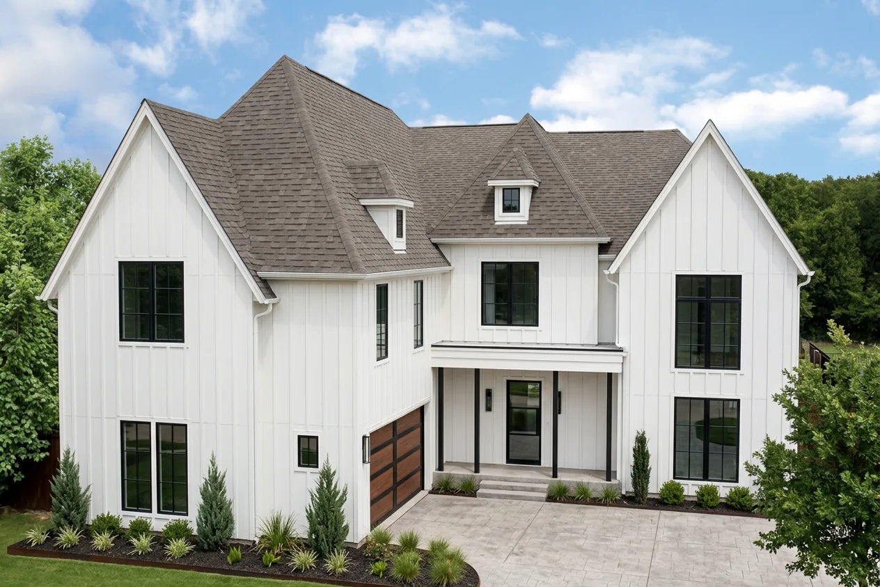 Modern Farmhouse home with Weathered Wood roof -- Malarkey Legacy Weathered Wood (front)