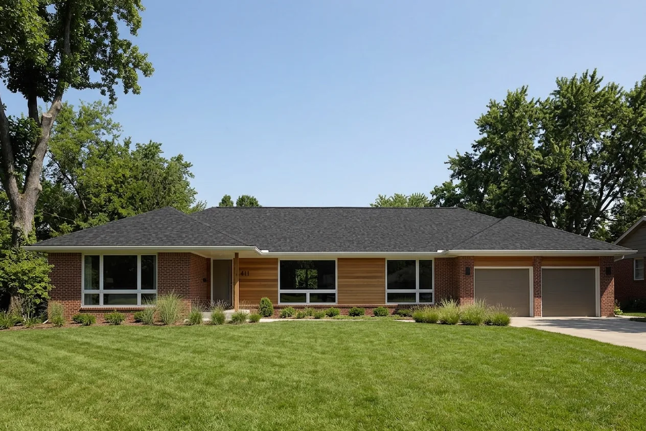Ranch home with Black roof -- CertainTeed Landmark Charcoal Black (front)