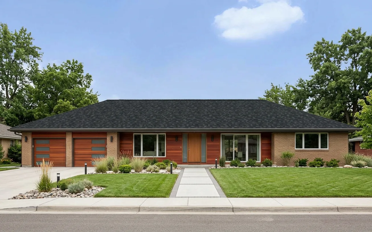Ranch home with Black roof -- Owens Corning Duration Onyx Black (front)