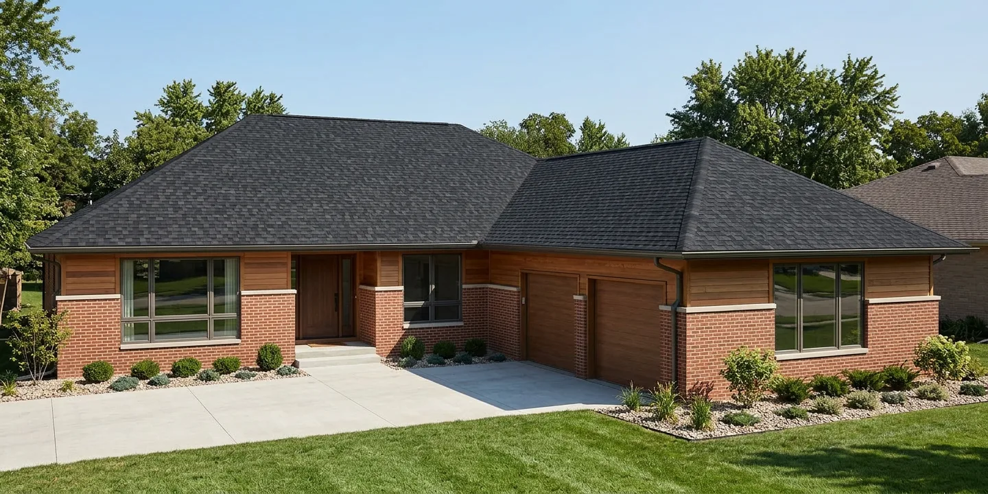 Ranch home with Black roof -- TAMKO Heritage Rustic Black (right-34)