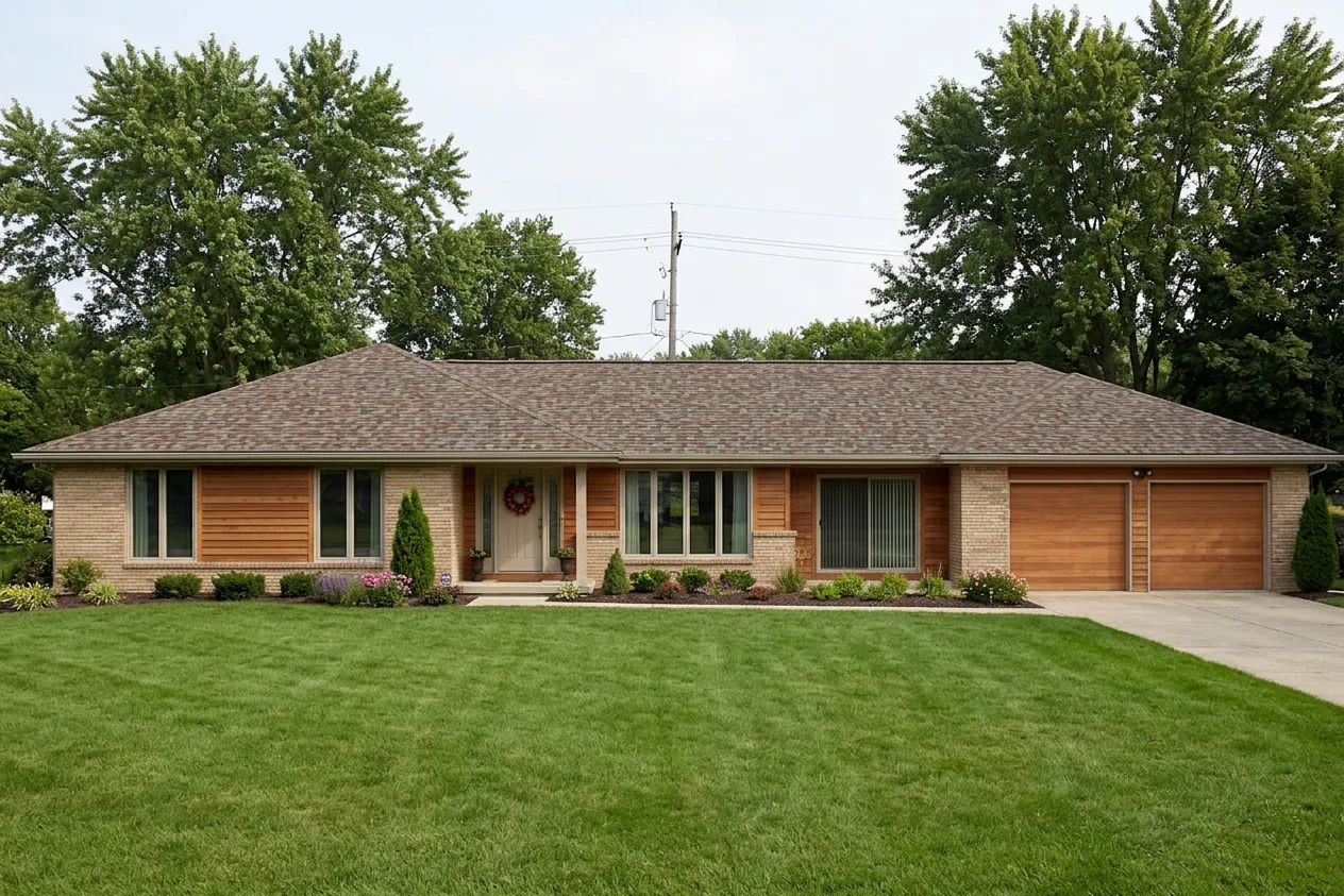 Ranch home with Brown roof -- CertainTeed Landmark Painted Desert (front)