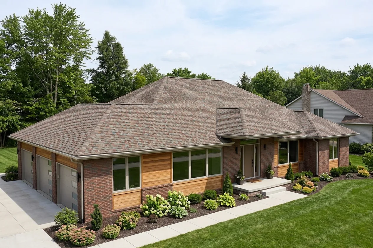 Ranch home with Brown roof -- CertainTeed Landmark Painted Desert (right-34)