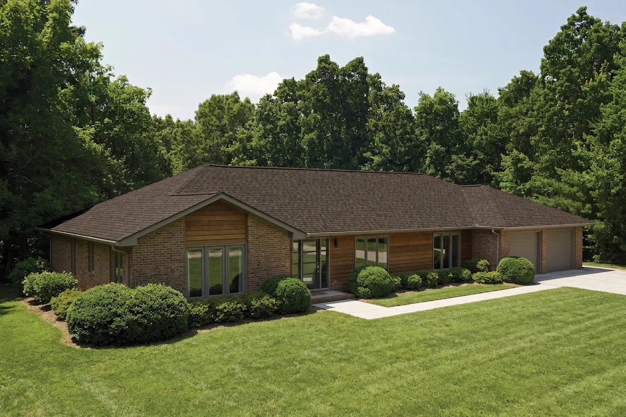 Ranch home with Brown roof -- CertainTeed Landmark Pro Max Def Heather Blend (left-34)