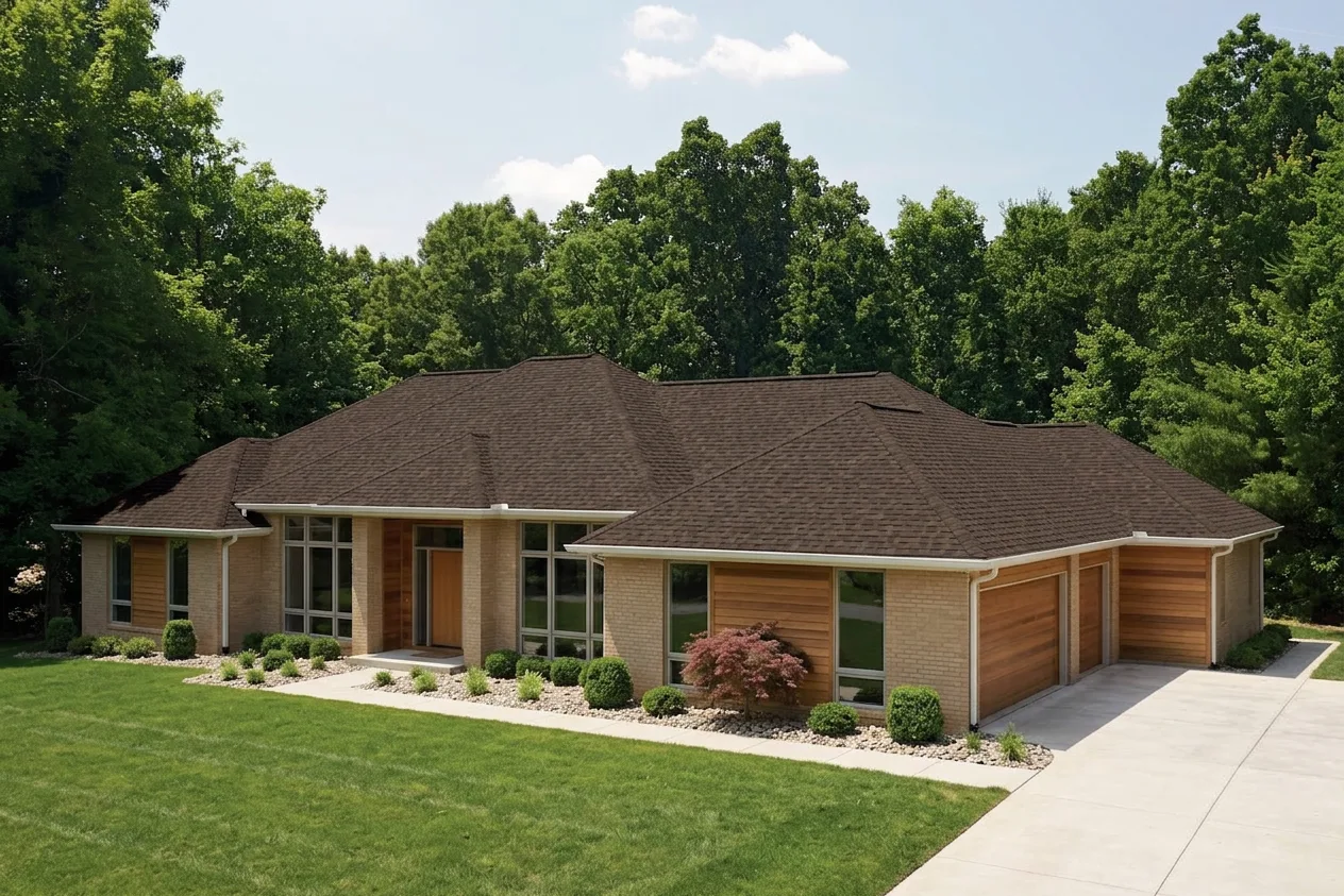 Ranch home with Brown roof -- CertainTeed Landmark Pro Max Def Heather Blend (right-34)