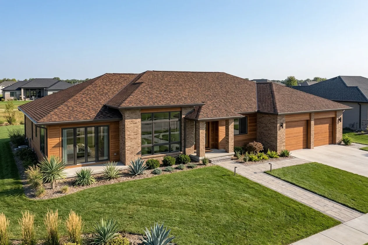 Ranch home with Brown roof -- CertainTeed Presidential Shake Aged Bark (left-34)