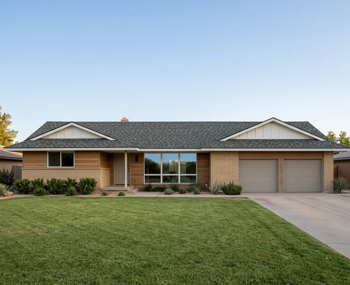 Ranch home with Charcoal roof -- Atlas Pinnacle Pristine HEARTHSTONE (front)