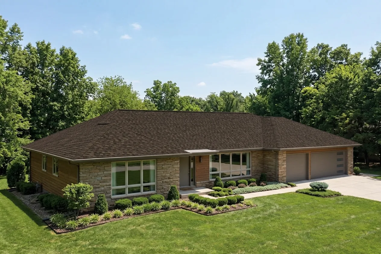 Ranch home with Weathered Wood roof -- CertainTeed Landmark Pro Max Def Shenandoah (left-34)