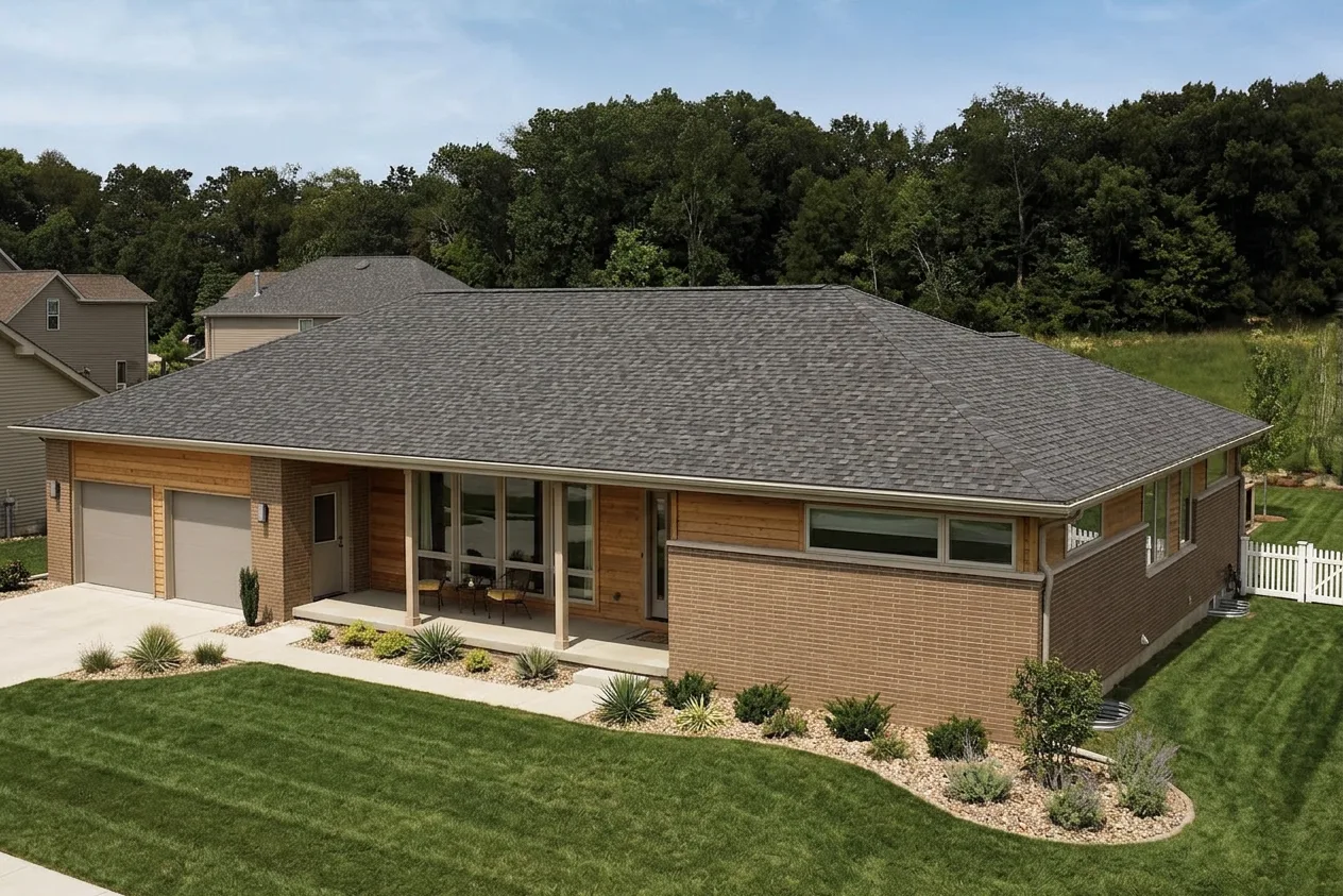 Ranch home with Weathered Wood roof -- CertainTeed Northgate Climateflex Max Def Driftwood (right-34)