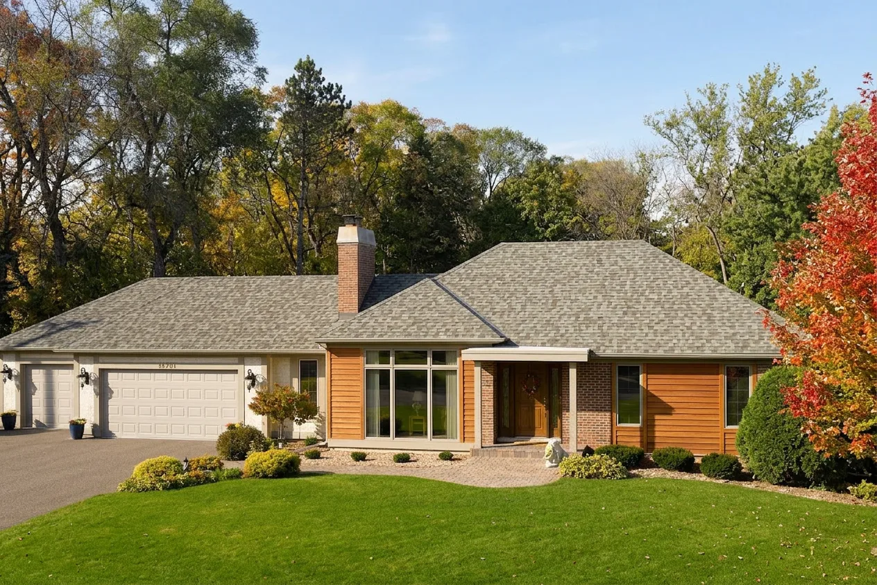 Ranch home with Weathered Wood roof -- CertainTeed Northgate Climateflex Max Def Weathered Wood (front)