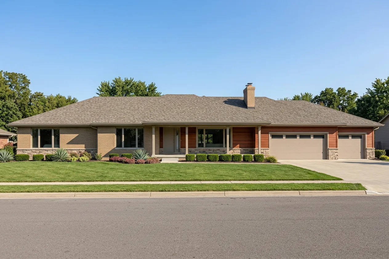 Ranch home with Weathered Wood roof -- Malarkey Vista Natural Wood (front)