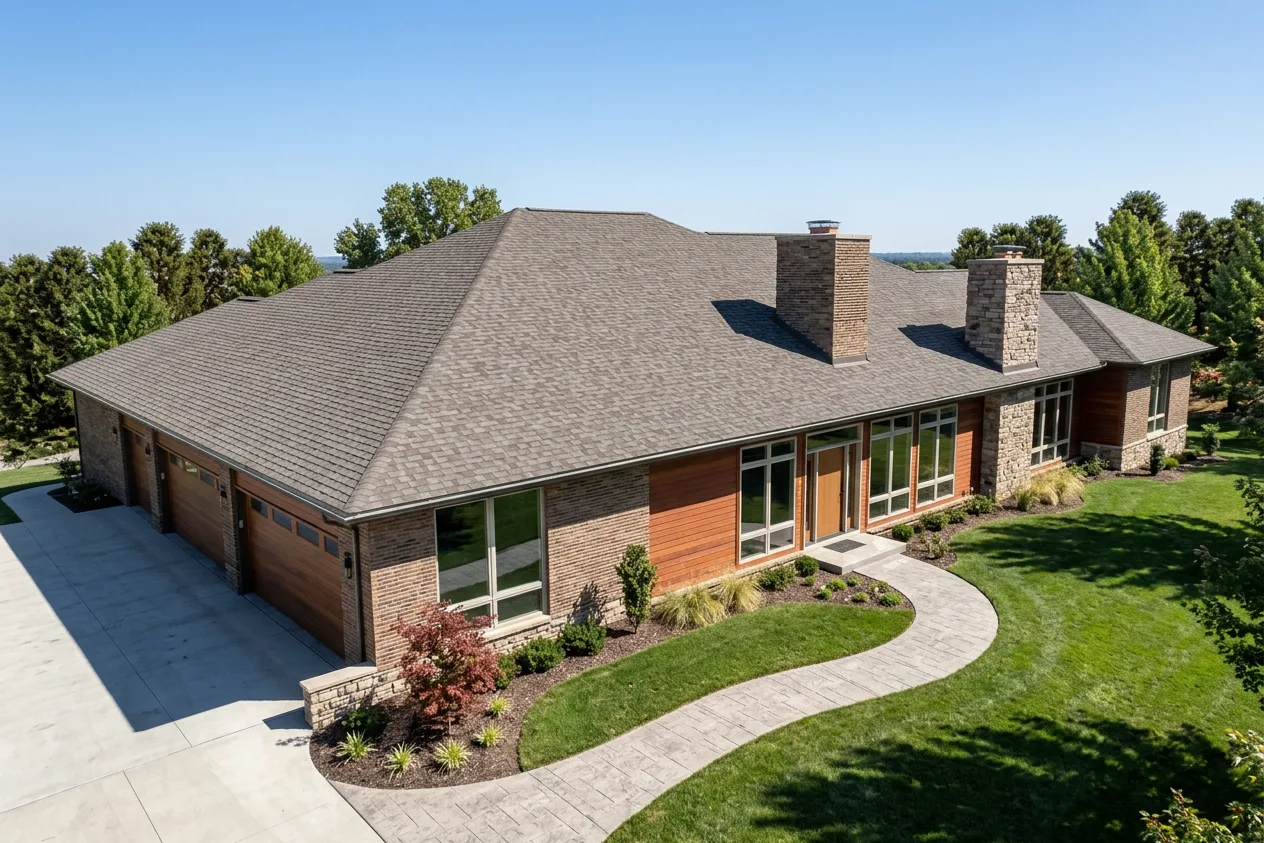 Ranch home with Weathered Wood roof -- Malarkey Vista Natural Wood (left-34)