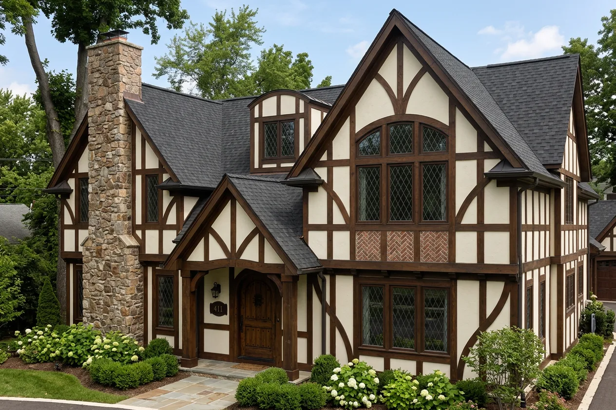 Tudor home with Black roof -- CertainTeed Landmark Charcoal Black (left-34)