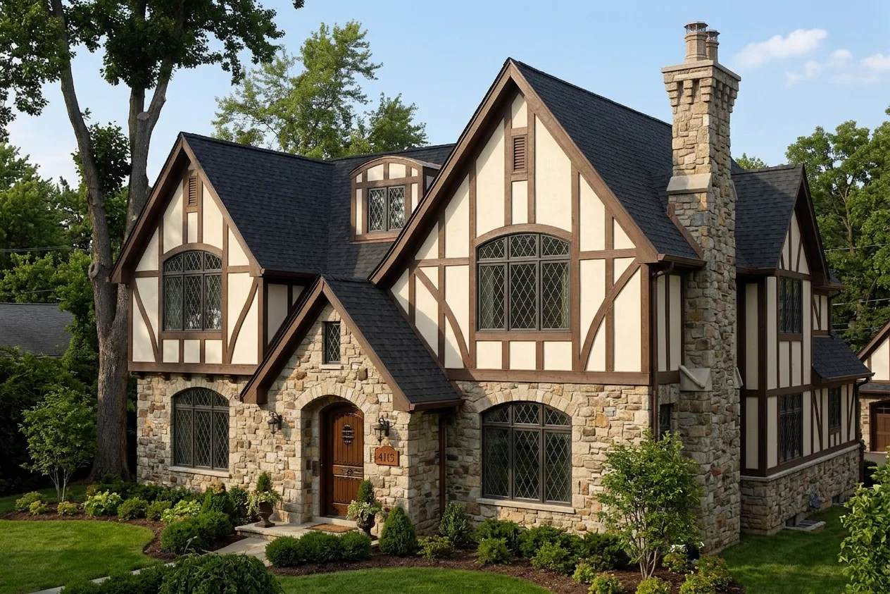 Tudor home with Black roof -- CertainTeed Landmark Charcoal Black (right-34)