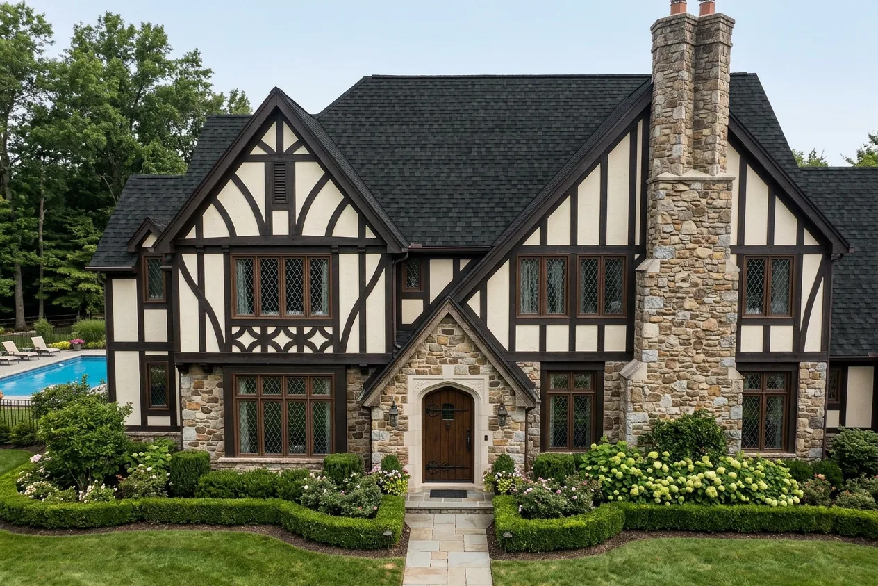 Tudor home with Black roof -- IKO Dynasty Granite Black (front)