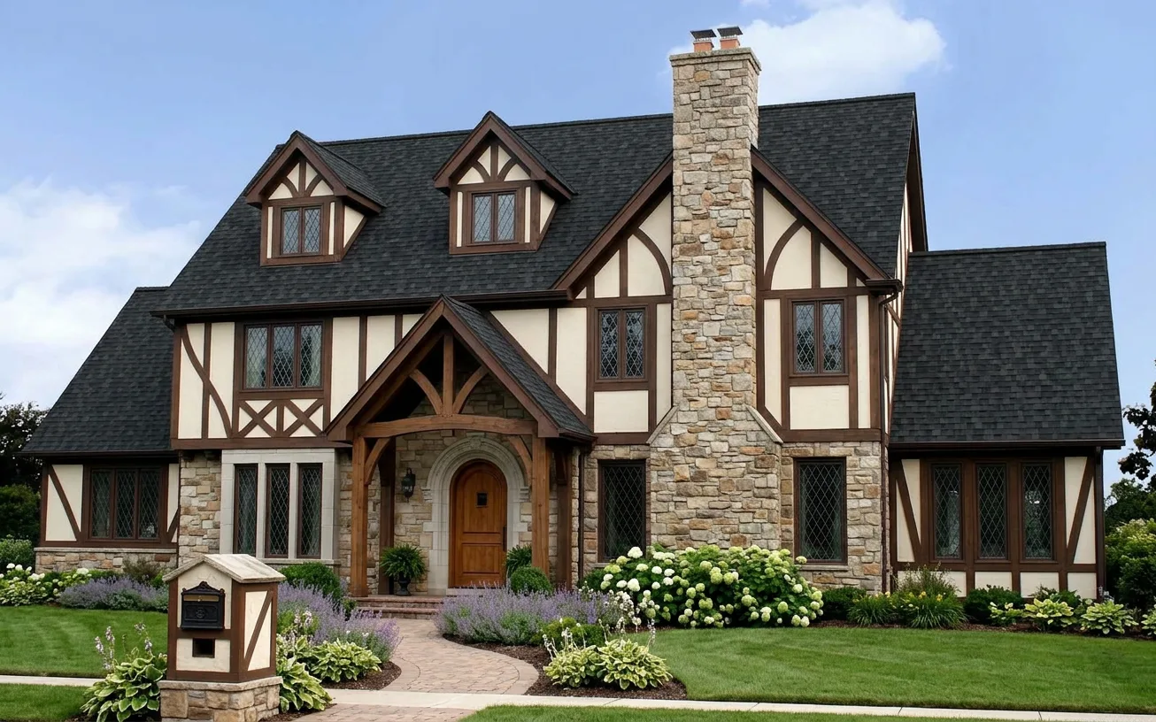 Tudor home with Black roof -- Owens Corning Duration Onyx Black (right-34)
